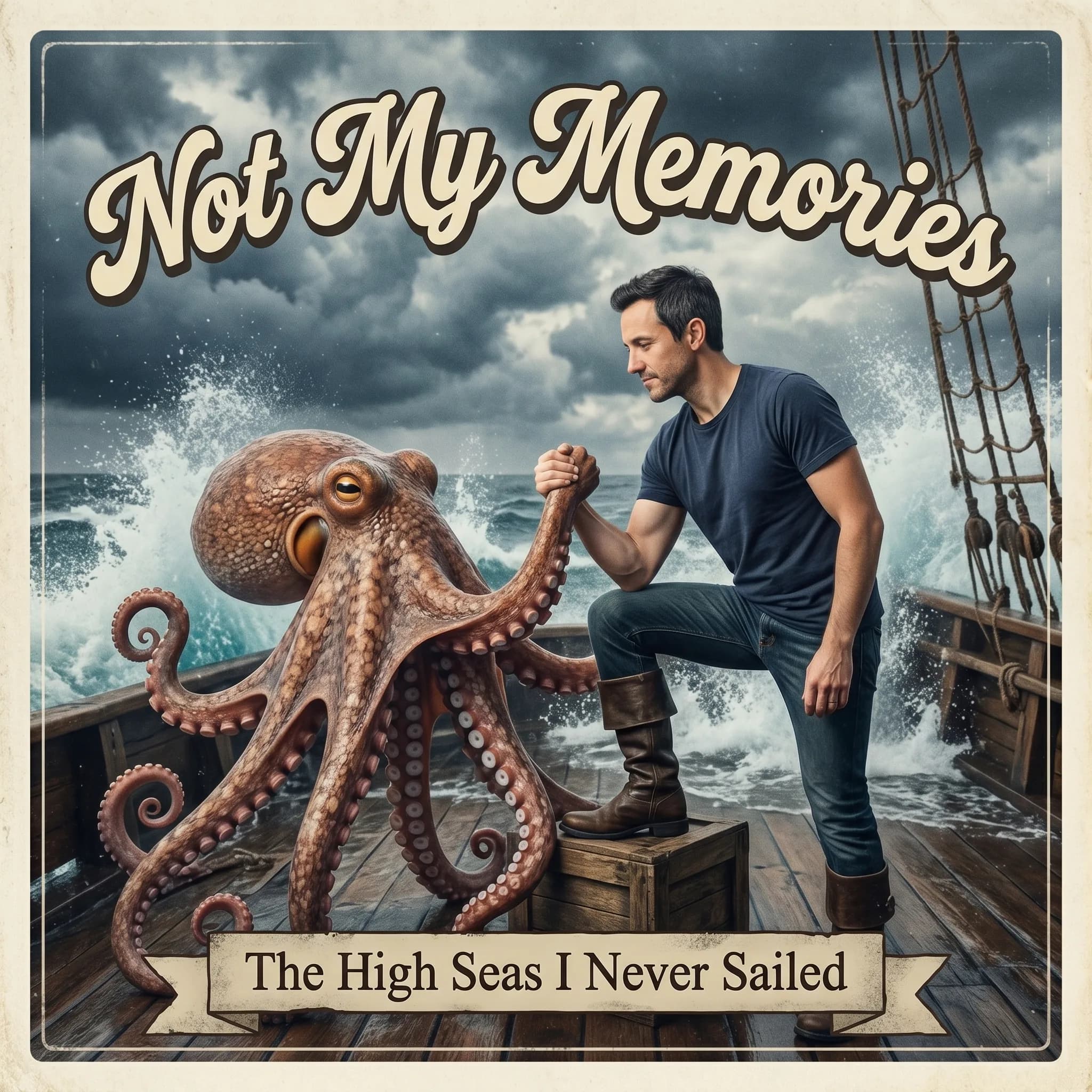 Book cover: the same man arm-wrestling an octopus at sea — “The High Seas I Never Sailed”